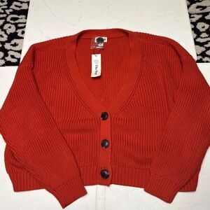 The Drop Red Cropped Knitted Preppy V-Neck Cardigan W/ 3 Button Closure
